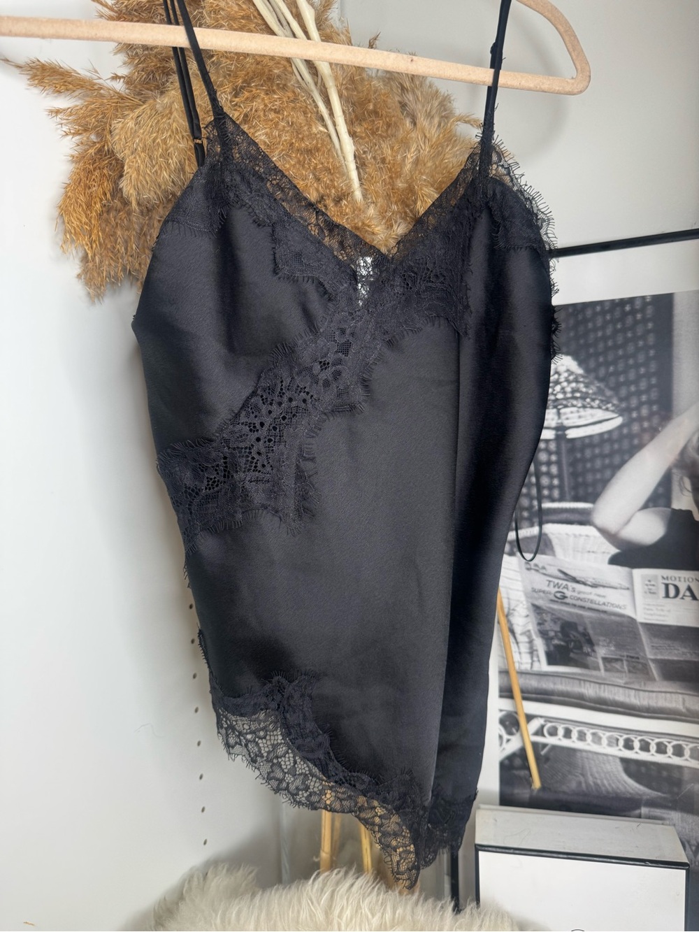 Black Lace Trim Satin Cami Top